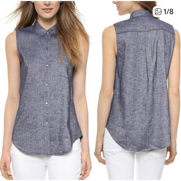 THEORY Yarine Linen Blend Dark Blue Chambray Button Up Sleeveless Small S P EUC - Picture 1 of 8